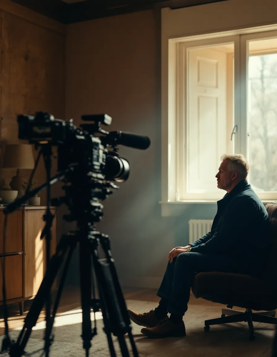 The filmmaker behind a cinema camera in a sound-treated interview room, lit by soft window light